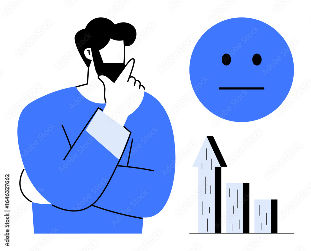 Aufkleber man contemplating progress, represented by a bar graph and neutral face. ideal for analytics, decisi