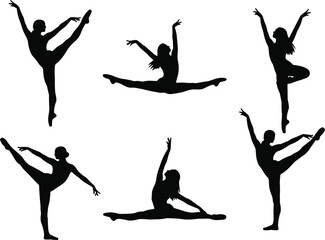 Set of six black ballet dancer silhouettes in elegant poses, showcasing classical movements and flexibility, isolated on white background