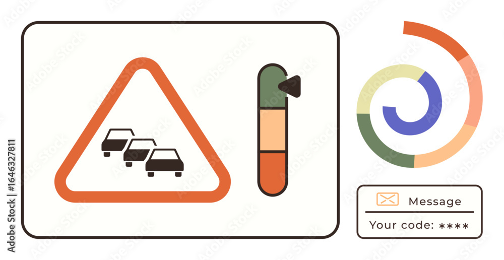 Aufkleber cars in triangular caution sign with bar gauge and circular progress chart. message box displays cod