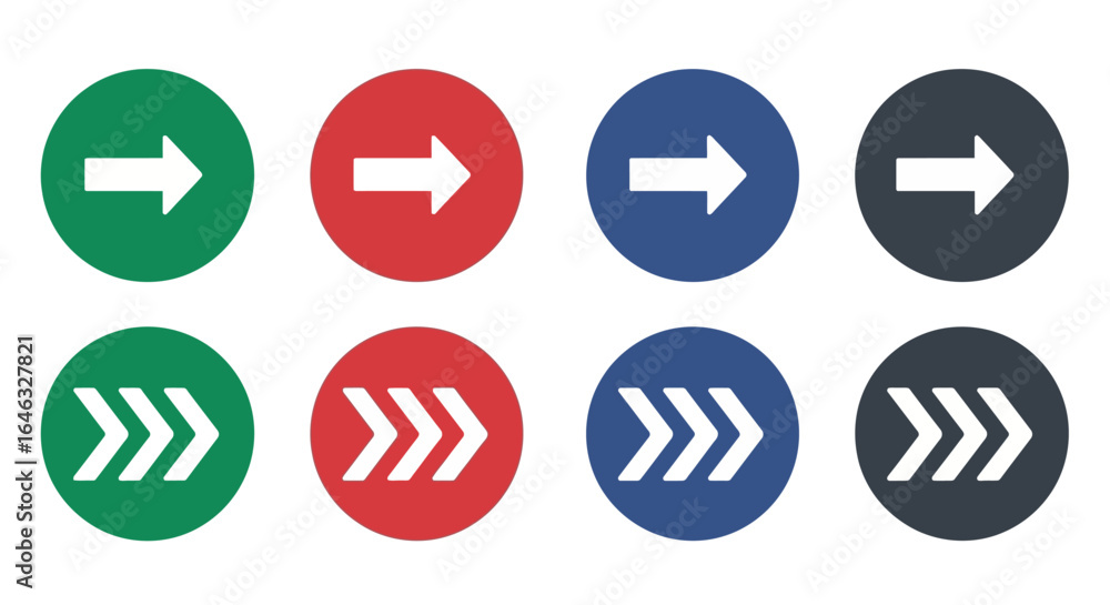Poster modern collection of colorful circular arrow icons pointing right. set includes single arrows and ch