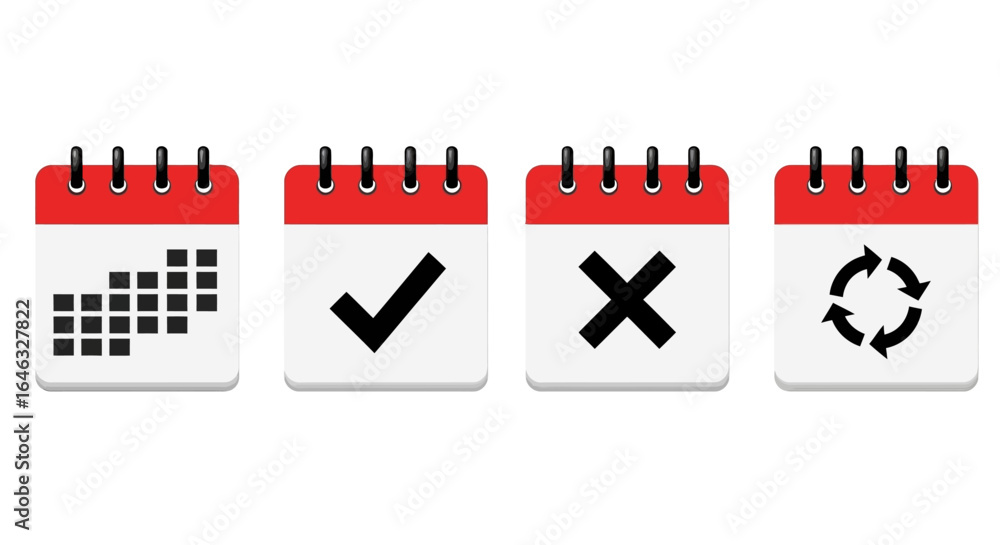 Poster vector calendar icons set for scheduling, confirmation, cancellation, and recurring events. flat des