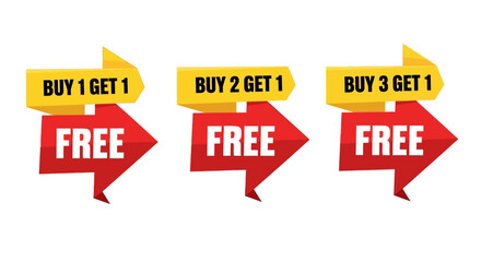 Strategic collection of 'Buy X Get 1 Free' promotional offer graphics with bold red arrows and yellow banners, perfect for retail sales and marketing campaign designs.