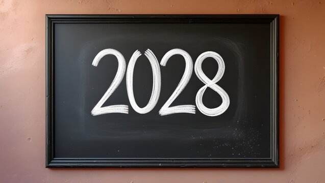2028 written in chalk on a blackboard, representing the future year, progress, and new beginnings with a clean slate