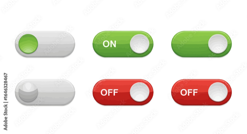 Poster sleek modern user interface toggle switches with on and off states. essential vector buttons for con