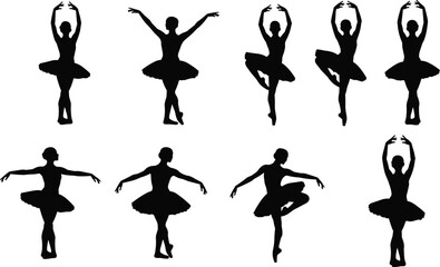 Silhouettes of eight ballet dancers in classical poses wearing tutus, graceful movements and elegant posture, isolated on white background