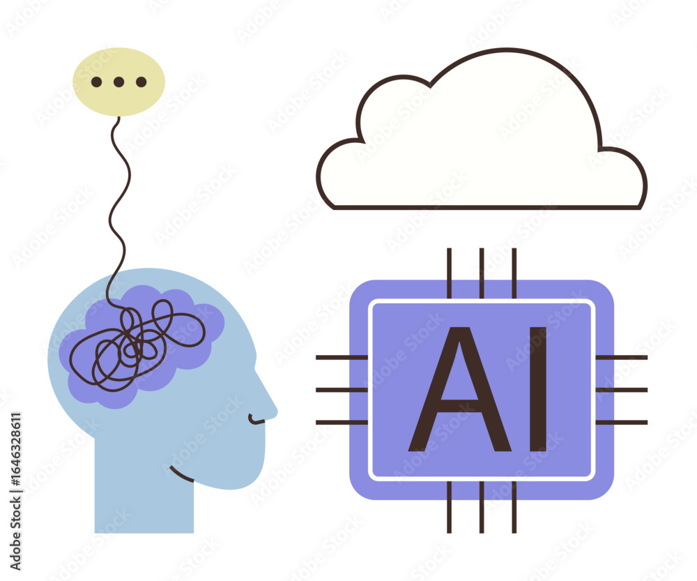 Poster human head with tangled thoughts connecting to ai system and cloud, symbolizing machine learning, co
