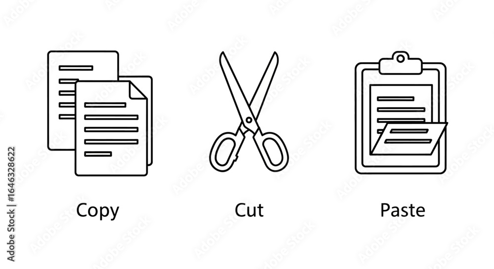 Poster simple line icons representing copy, cut, and paste actions for digital content management