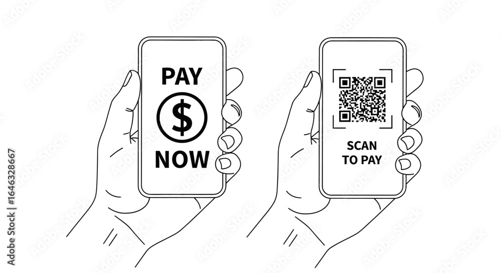 Poster vector line art illustration of mobile payment methods. hands holding smartphones showing a pay now 
