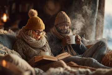 Fototapeta premium attractive girlfriend reading book and boyfriend in winter outfit with cup warming up near heater