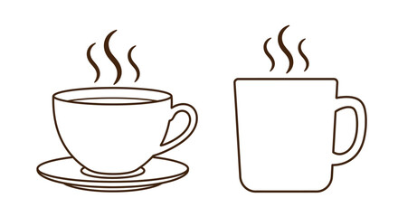 Set of simple line art icons featuring a steaming hot coffee cup on a saucer and a mug. Minimalist vector outline illustration for cafe menus.