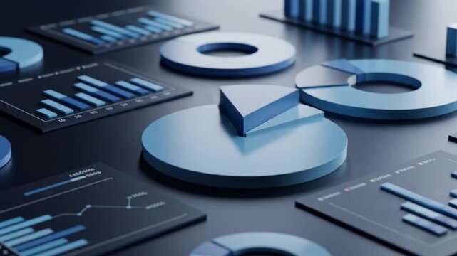 A collection of various business charts and graphs, including pie charts and bar graphs, presented in a modern, clean style with blue and grey tones.