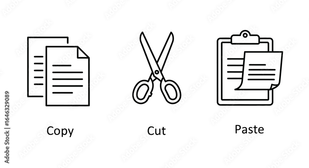 Poster copy, cut, and paste icons simple line art for user interfaces