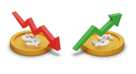 Two arrows indicating financial growth and decline, placed on gold coins symbolizing investment and market trends