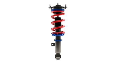 Red Coilover Shock Absorber for Performance Car Suspension on Transparent Background