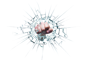 Fist Breaks Glass Symbolizing Power and Impact on Transparent Background
