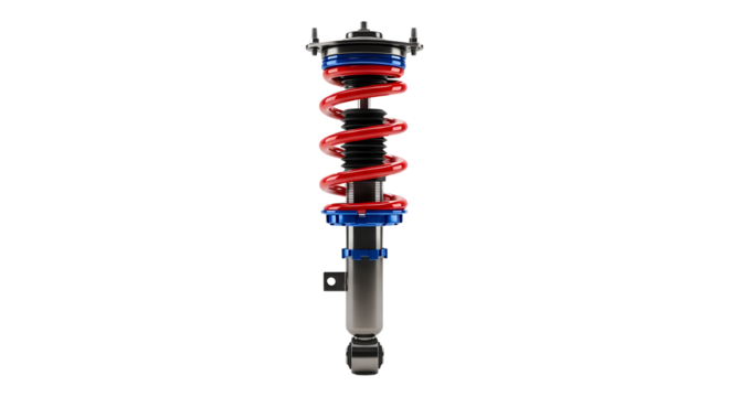Red Coilover Shock Absorber for Performance Car Suspension on Transparent Background
