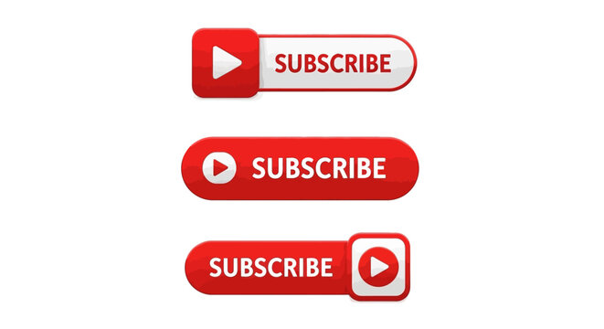 Collection of red subscribe button icons for video streaming and social media engagement. Vector graphic design elements isolated on white.
