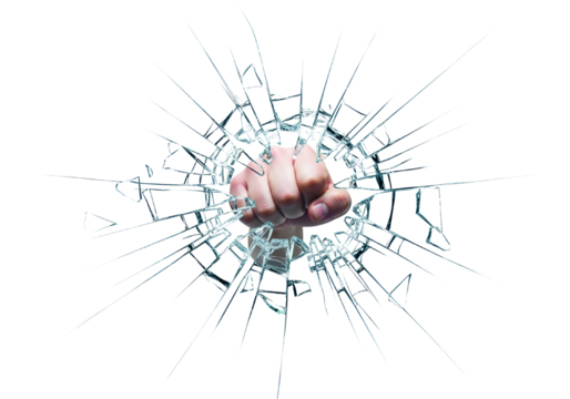 Fist Breaks Glass Symbolizing Power and Impact on Transparent Background