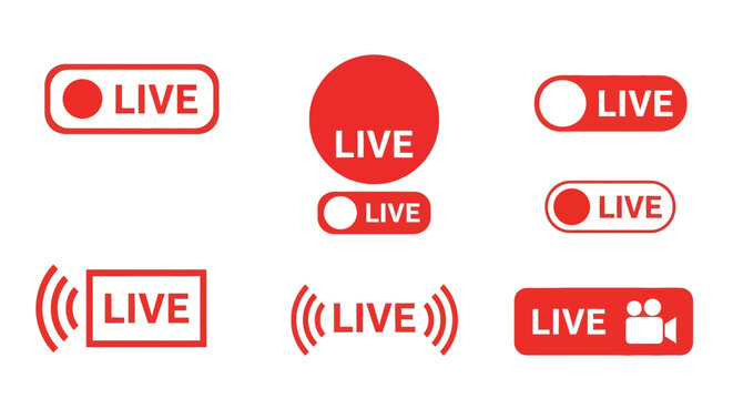 Set of red live stream icons. Modern vector graphic elements for broadcasting, online video, and social media user interfaces.