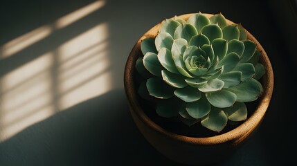 Succulent plant in a pot, bathed in sunlight.