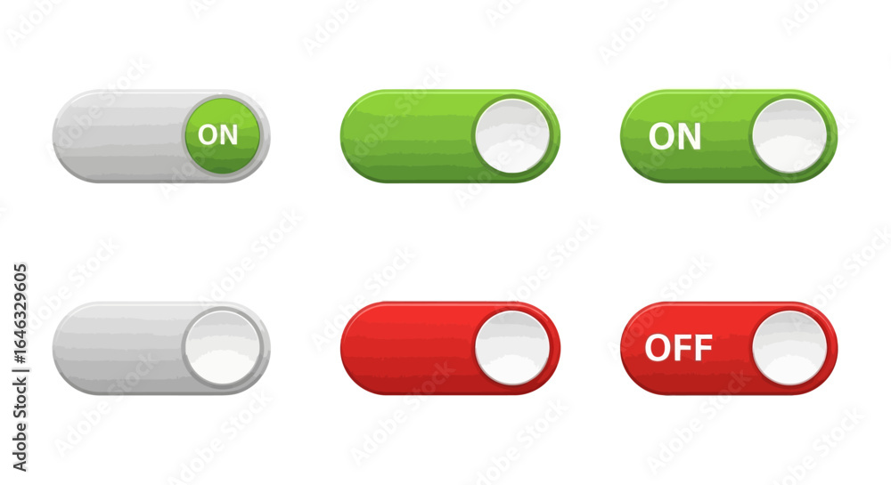 Poster modern toggle switch button set with on and off states. green and red sliders for user interface des
