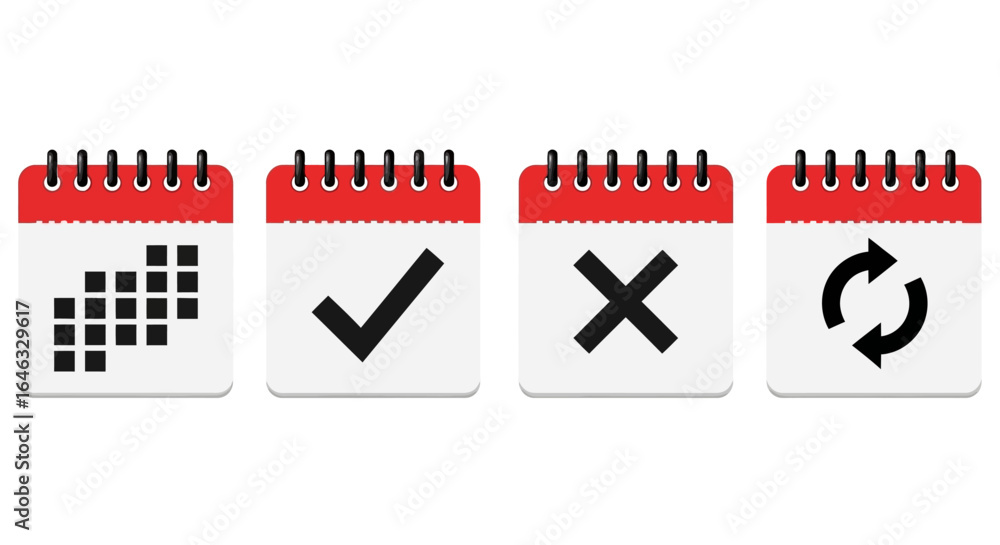 Poster set of clean and modern digital calendar icons for scheduling and task management, featuring symbols
