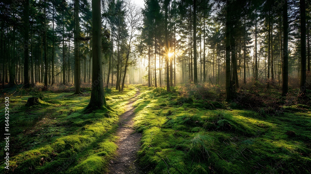 Poster sunlight streams through a tranquil forest path covered in moss.