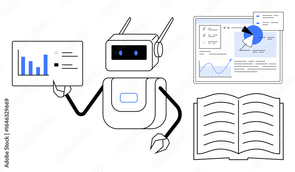 Poster robot pointing to bar chart, interactive dashboard with charts, open book. ideal for ai, data scienc