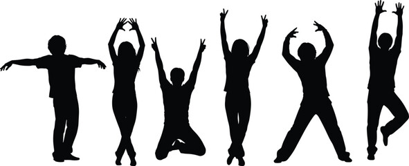 Silhouettes of six individuals in expressive dance or exercise poses, showcasing dynamic movement and body language on white background