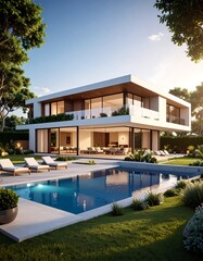 Fototapeta premium Modern house with pool and garden