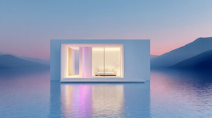 Modern house on a tranquil body of water.