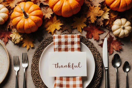 Elegant Thanksgiving table setting with pumpkins, autumn leaves, cutlery, and a thankful note on a checkered cloth napkin