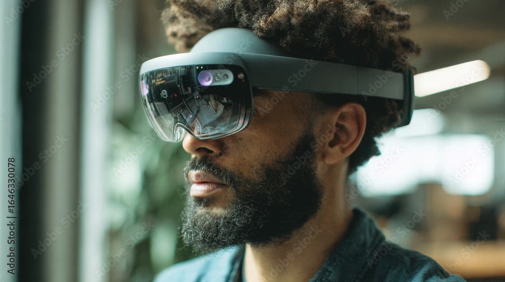 Poster xr onboarding strategist midpresentation medium shot with clear focus on expressive face and vr head