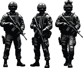 Three cartoon soldiers in tactical gear, military characters with rifles, helmets, combat vests, army illustration for defense and strategy themes