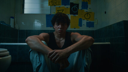 Lonely Man Sitting On The Floor Of The Bathroom