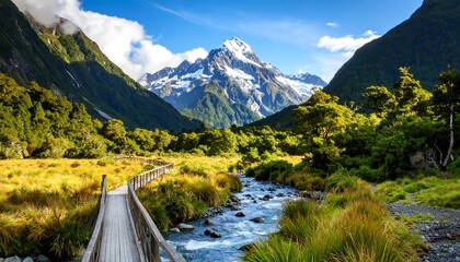 Mountain valley with wooden bridge