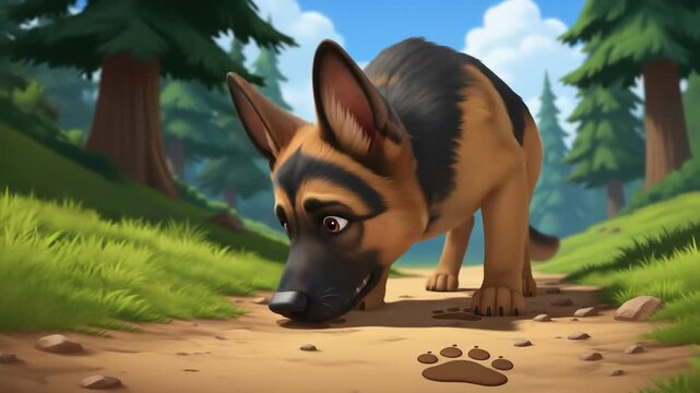 Cartoon German Shepherd sniffs a dirt path with paw prints in a sunlit forest with green grass and pine trees