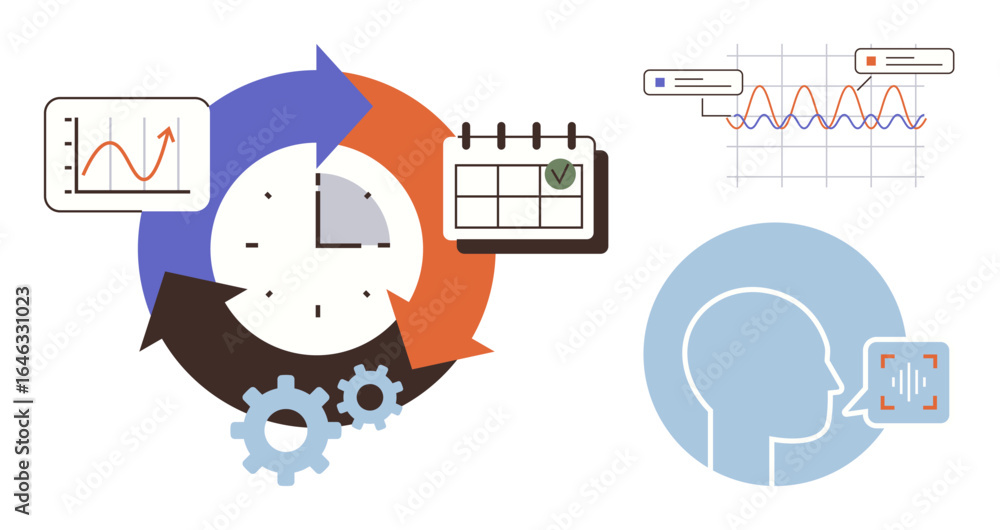 Poster circular arrows around a clock, bar graph, calendar, gears, waveform over human profile. ideal for w