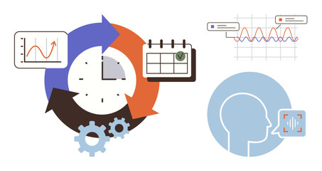 Circular arrows around a clock, bar graph, calendar, gears, waveform over human profile. Ideal for workflow, data management, productivity, scheduling analytics time tracking efficiency