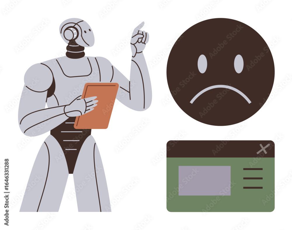 Poster humanoid robot holding clipboard analyzing sad face icon and error window for technology issue. idea