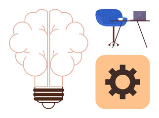 Brain-shaped lightbulb, gear icon, modern desk with chair and laptop. Ideal for creativity, innovation, problem-solving, brainstorming, productivity, technology education simple flat metaphor