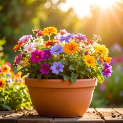Fototapeta premium Colorful flowers in a terracotta pot, bathed in sunlight