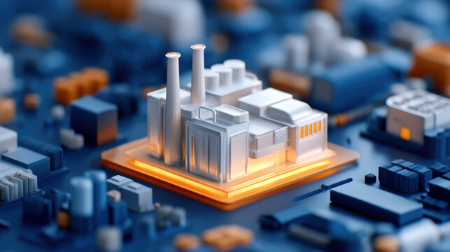A detailed miniature representation of a factory, showcasing industrial elements with vibrant colors against a blue background.