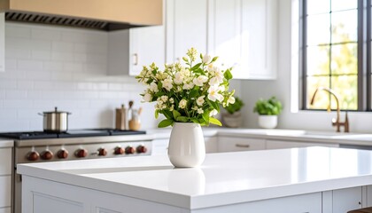 White kitchen island with flowers