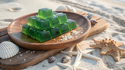 Vibrant green jelly cubes, wobbling slightly with a glossy, translucent sheen, arranged neatly on a rustic wooden serving plate with natural grain texture