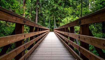 Wooden bridge through lush forest