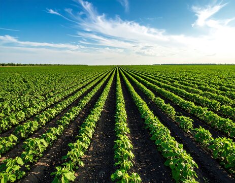 Lush green field of crops under a vibrant blue sky
