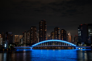 [東京都]隅田川大橋から見た永代橋・月島の夜景
