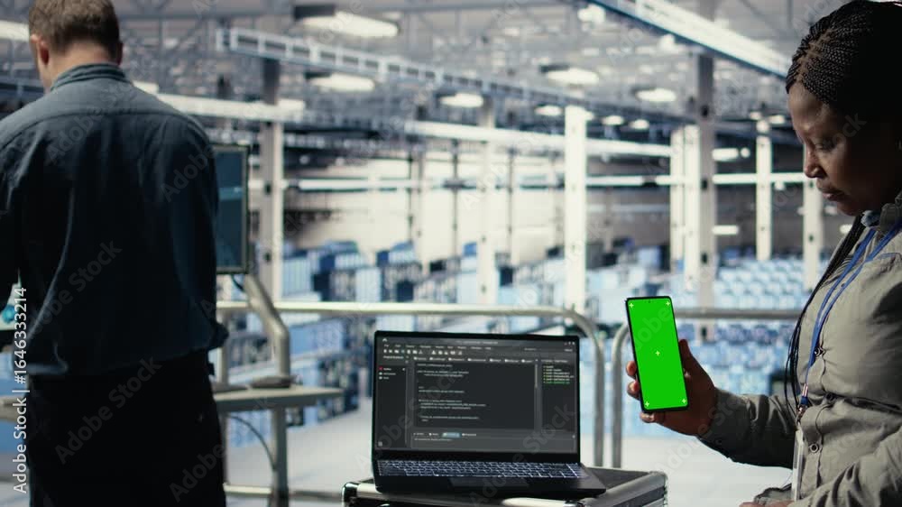 Poster engineer using isolated screen smartphone in server room while optimizing deep learning systems hand