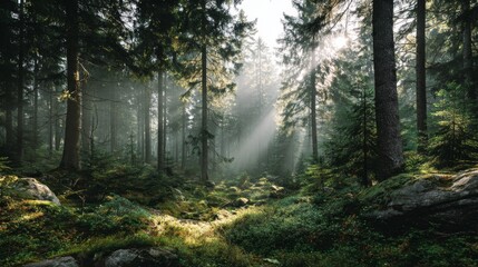 Fototapeta premium Sunlit Canopy: Majestic trees reach towards the sky, dappled with sunlight filtering through the canopy. Lush greenery carpet the forest floor, with fog creating a mystical atmosphere.